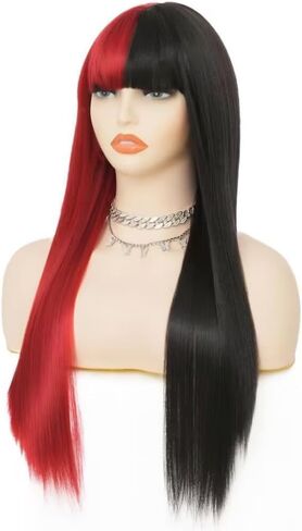 Half Orange Half Pink Long Straight Wig for Women with Bangs Synthetic Natural Looking Wigs for Cosplay Daily Party Use in Kuwait
