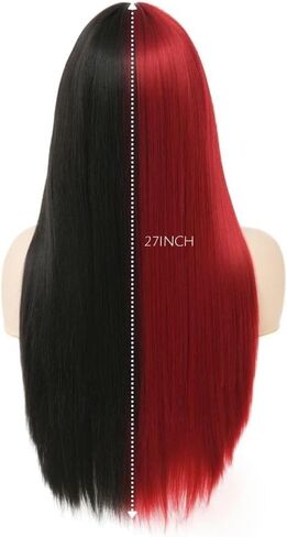 Half Orange Half Pink Long Straight Wig for Women with Bangs Synthetic Natural Looking Wigs for Cosplay Daily Party Use in Kuwait