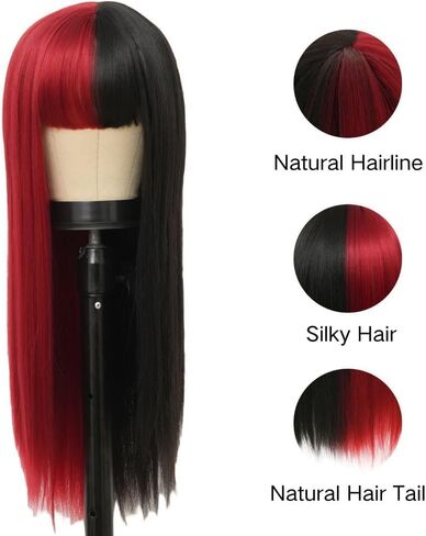 Half Orange Half Pink Long Straight Wig for Women with Bangs Synthetic Natural Looking Wigs for Cosplay Daily Party Use in Kuwait