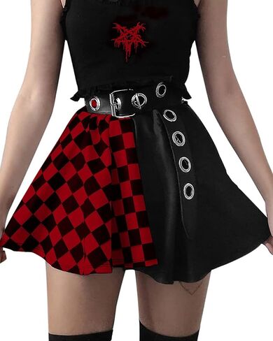 AUBKERE GOTHIC Black Plaid Jains مرنة الخصر MINI SKIRT GOTH HARAJUKU PATCHWARK in Kuwait