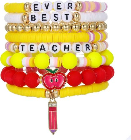 Layered Inspire Teacher Apple Pencil Shape Gold Ball Clay Beaded Bracelets for Women Jewelry in Saudi Arabia