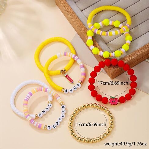 Layered Inspire Teacher Apple Pencil Shape Gold Ball Clay Beaded Bracelets for Women Jewelry in Saudi Arabia