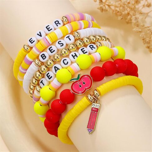 Layered Inspire Teacher Apple Pencil Shape Gold Ball Clay Beaded Bracelets for Women Jewelry in Saudi Arabia