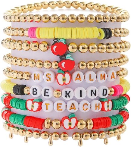 Layered Inspire Teacher Apple Pencil Shape Gold Ball Clay Beaded Bracelets for Women Jewelry in Saudi Arabia