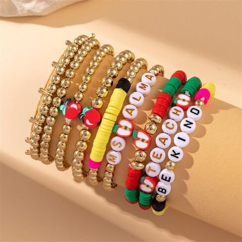 Layered Inspire Teacher Apple Pencil Shape Gold Ball Clay Beaded Bracelets for Women Jewelry in Saudi Arabia