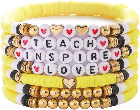Layered Inspire Teacher Apple Pencil Shape Gold Ball Clay Beaded Bracelets for Women Jewelry in Saudi Arabia
