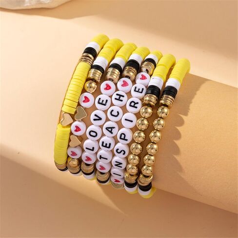 Layered Inspire Teacher Apple Pencil Shape Gold Ball Clay Beaded Bracelets for Women Jewelry in Saudi Arabia
