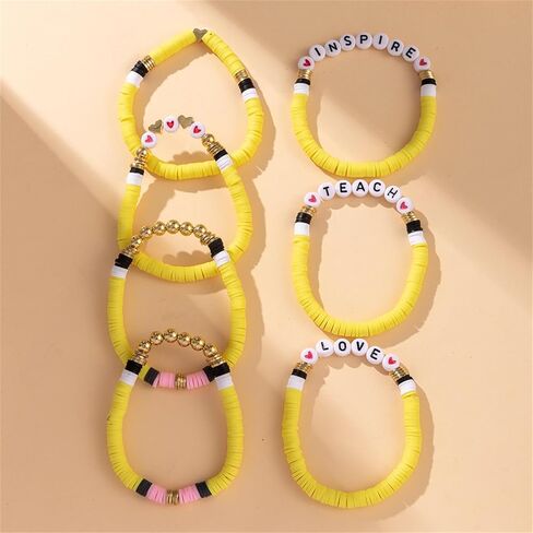 Layered Inspire Teacher Apple Pencil Shape Gold Ball Clay Beaded Bracelets for Women Jewelry in Saudi Arabia