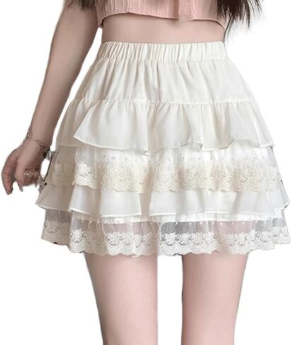 Lolita Goth Fashion Harajuku Kawaii Casual Style Elastic Waist Cute Layered Mesh Lace Hem Pleated Tiered Skirt in Saudi Arabia