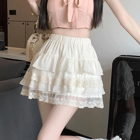 Lolita Goth Fashion Harajuku Kawaii Casual Style Elastic Waist Cute Layered Mesh Lace Hem Pleated Tiered Skirt in Saudi Arabia