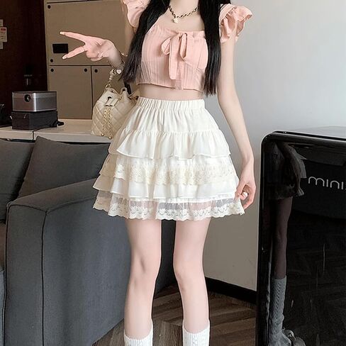 Lolita Goth Fashion Harajuku Kawaii Casual Style Elastic Waist Cute Layered Mesh Lace Hem Pleated Tiered Skirt in Saudi Arabia