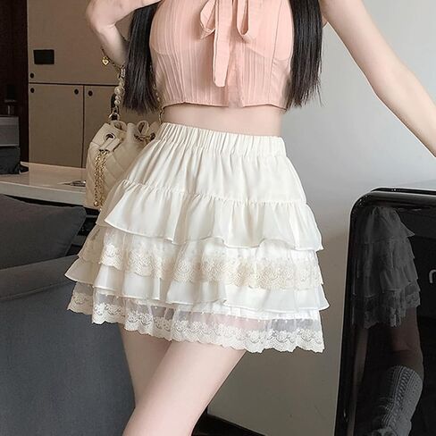 Lolita Goth Fashion Harajuku Kawaii Casual Style Elastic Waist Cute Layered Mesh Lace Hem Pleated Tiered Skirt in Saudi Arabia