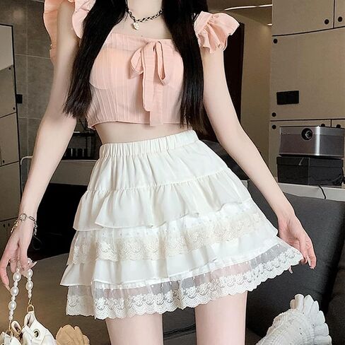 Lolita Goth Fashion Harajuku Kawaii Casual Style Elastic Waist Cute Layered Mesh Lace Hem Pleated Tiered Skirt in Saudi Arabia
