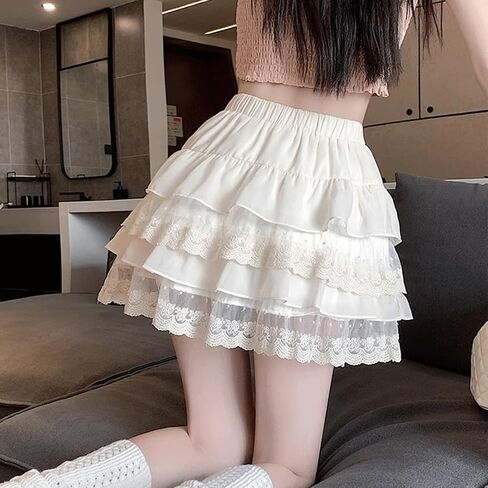 Lolita Goth Fashion Harajuku Kawaii Casual Style Elastic Waist Cute Layered Mesh Lace Hem Pleated Tiered Skirt in Saudi Arabia