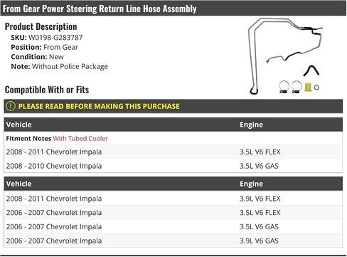Power Steering Return Line Hose Assembly - From Gear - Compatible with 2006-2011 Chevy Impala (without Police Package) in Saudi Arabia