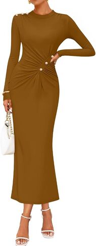 ZESICA Womens 2025 Fall Long Sleeve Mock Neck Bodycon Midi Dress Ruched Knit Elegant Party Cocktail Formal Dresses in Saudi Arabia