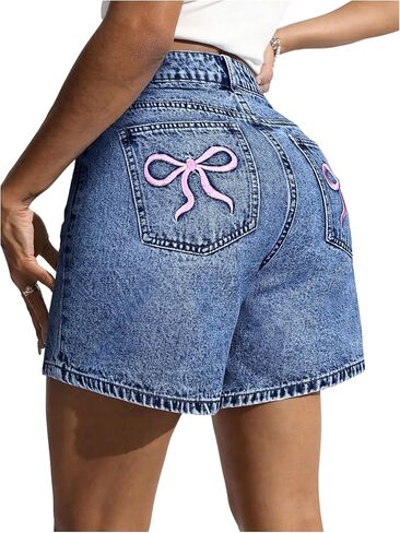 WDIRARA Women's Bow Embroidered Denim Shorts Y2k Straight Leg Jean Shorts in Saudi Arabia