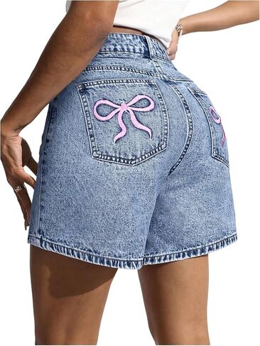 WDIRARA Women's Bow Embroidered Denim Shorts Y2k Straight Leg Jean Shorts in Saudi Arabia