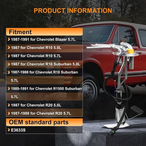 E3633S Fuel pump assembly - Compatible with 1989-1991 for chevy R2500/V1500 Suburban 5.7L 1987-1988 for chevy V10/V20 Suburban 5.7L 1987 for chevy V10 5.0L/5.7L High Performance Fuel Pump SP12L1H in Saudi Arabia