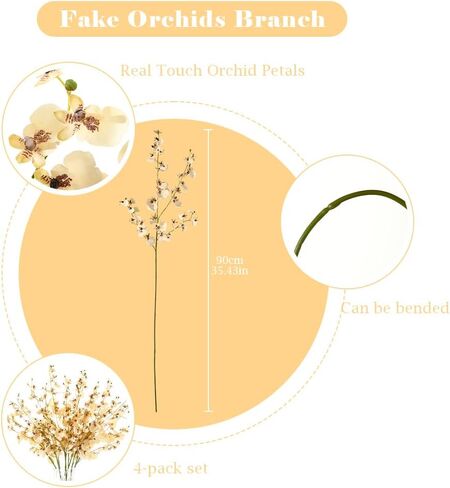 4pcs فروع أوركيد مرنة ، سلكيدات حريرية 36 "مع فرع مزيف من البلاستيك ، فروع اصطناعية واقعية لمطاولة المزهرية ترتيب ديكور المنزل الداخلي (كريم) in Kuwait