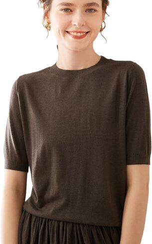 2025 Women’s Silk Cashmere Blend Short Sleeve T-Shirt Sweater Top Crew Neck Knitted Pullover Summer Lightweight Tee in Kuwait