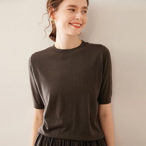 2025 Women’s Silk Cashmere Blend Short Sleeve T-Shirt Sweater Top Crew Neck Knitted Pullover Summer Lightweight Tee in Kuwait