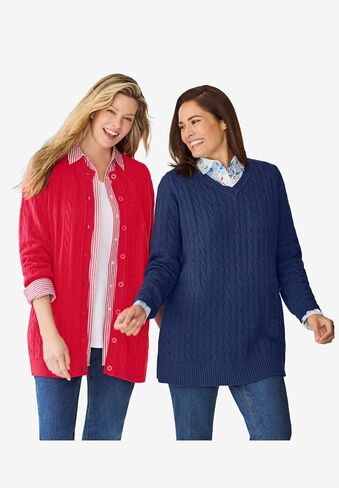 Woman Within Plus Size Cotton Cable Knit Cardigan Sweater in Saudi Arabia