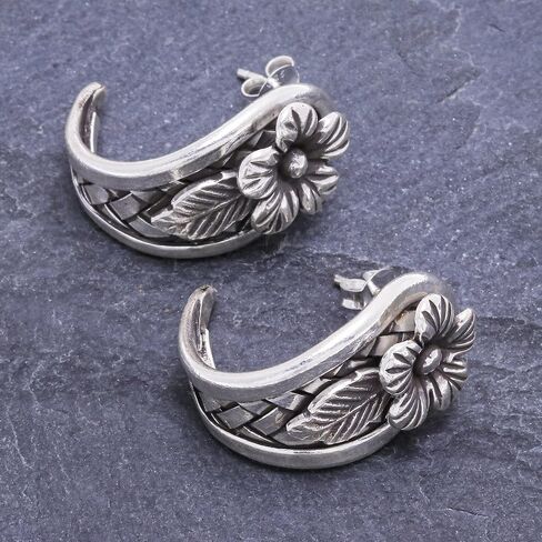 NOVICA Artisan Handmade Sterling Silver Drop Earrings Floral Thailand Hill Tribe [1 in L x 0.5 in W] ' Woven Flowers' in Saudi Arabia