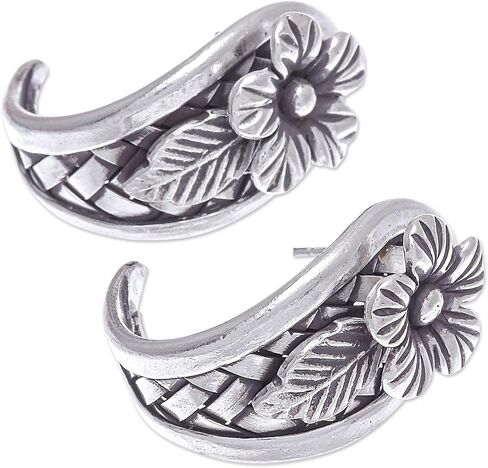 NOVICA Artisan Handmade Sterling Silver Drop Earrings Floral Thailand Hill Tribe [1 in L x 0.5 in W] ' Woven Flowers' in Saudi Arabia
