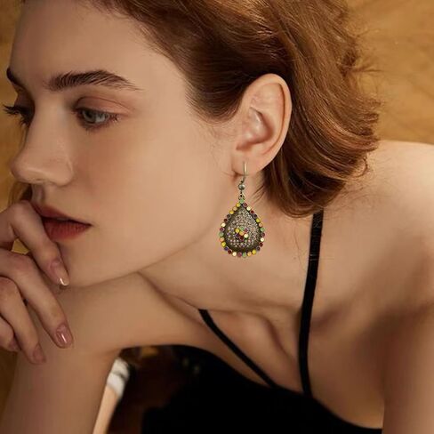 Bohemian Vintage Copper Sliver Teardrop Colorful Enamel Crystal Hook Earrings Ethnic Leaf Rhinestone Dangle Drop Earrings For Women Jewelry Gift in Saudi Arabia