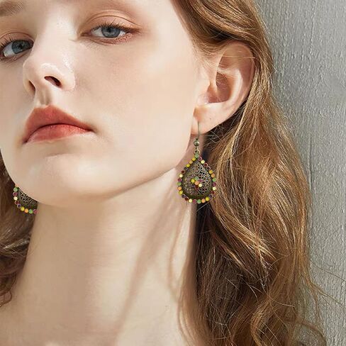 Bohemian Vintage Copper Sliver Teardrop Colorful Enamel Crystal Hook Earrings Ethnic Leaf Rhinestone Dangle Drop Earrings For Women Jewelry Gift in Saudi Arabia
