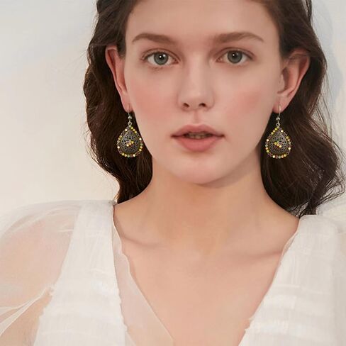 Bohemian Vintage Copper Sliver Teardrop Colorful Enamel Crystal Hook Earrings Ethnic Leaf Rhinestone Dangle Drop Earrings For Women Jewelry Gift in Saudi Arabia