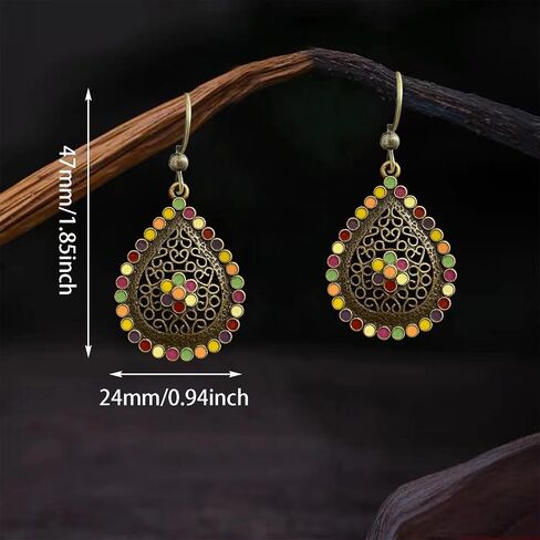 Bohemian Vintage Copper Sliver Teardrop Colorful Enamel Crystal Hook Earrings Ethnic Leaf Rhinestone Dangle Drop Earrings For Women Jewelry Gift in Saudi Arabia