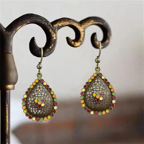 Bohemian Vintage Copper Sliver Teardrop Colorful Enamel Crystal Hook Earrings Ethnic Leaf Rhinestone Dangle Drop Earrings For Women Jewelry Gift in Saudi Arabia