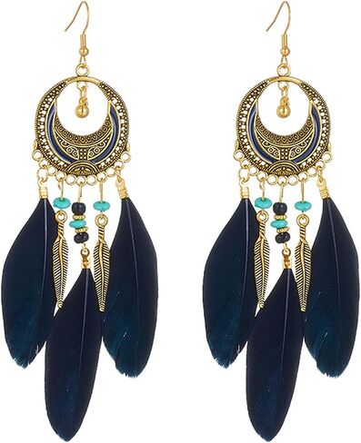 Coadipress Boho أقراط للنساء البوهيميات الشرابة الزرقاء الطويلة قطرة متدلية الأبعاد عتيقة ريش شرابة متعدد الألوان أجهزة الريش الطبيعية المجوهرات in Kuwait