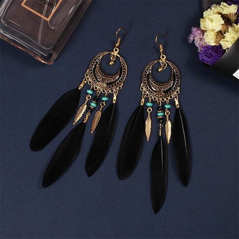 Coadipress Boho أقراط للنساء البوهيميات الشرابة الزرقاء الطويلة قطرة متدلية الأبعاد عتيقة ريش شرابة متعدد الألوان أجهزة الريش الطبيعية المجوهرات in Kuwait