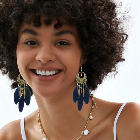 Coadipress Boho أقراط للنساء البوهيميات الشرابة الزرقاء الطويلة قطرة متدلية الأبعاد عتيقة ريش شرابة متعدد الألوان أجهزة الريش الطبيعية المجوهرات in Kuwait