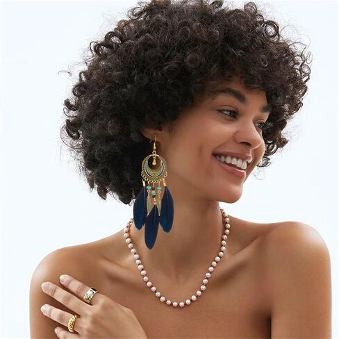 Coadipress Boho أقراط للنساء البوهيميات الشرابة الزرقاء الطويلة قطرة متدلية الأبعاد عتيقة ريش شرابة متعدد الألوان أجهزة الريش الطبيعية المجوهرات in Kuwait