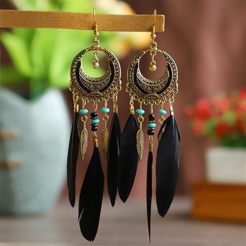 Coadipress Boho أقراط للنساء البوهيميات الشرابة الزرقاء الطويلة قطرة متدلية الأبعاد عتيقة ريش شرابة متعدد الألوان أجهزة الريش الطبيعية المجوهرات in Kuwait