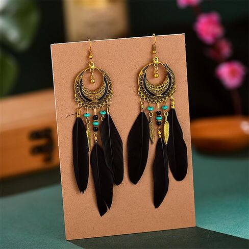 Coadipress Boho أقراط للنساء البوهيميات الشرابة الزرقاء الطويلة قطرة متدلية الأبعاد عتيقة ريش شرابة متعدد الألوان أجهزة الريش الطبيعية المجوهرات in Kuwait