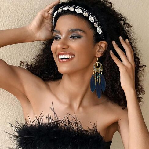 Coadipress Boho أقراط للنساء البوهيميات الشرابة الزرقاء الطويلة قطرة متدلية الأبعاد عتيقة ريش شرابة متعدد الألوان أجهزة الريش الطبيعية المجوهرات in Kuwait
