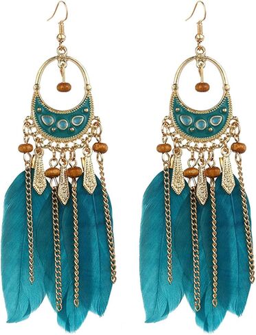 Coadipress Boho أقراط للنساء البوهيميات الشرابة الزرقاء الطويلة قطرة متدلية الأبعاد عتيقة ريش شرابة متعدد الألوان أجهزة الريش الطبيعية المجوهرات in Kuwait