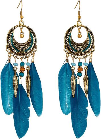 Coadipress Boho أقراط للنساء البوهيميات الشرابة الزرقاء الطويلة قطرة متدلية الأبعاد عتيقة ريش شرابة متعدد الألوان أجهزة الريش الطبيعية المجوهرات in Kuwait