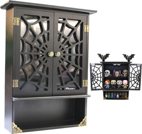 16'' Tall Solid Wood Gothic Cabinet with 2 Transparent Spider Web Doors Display - Small Novelty Halloween Shelf, Goth Floating Shelves Wall Decor Easy Hanging - Pre-Assembled in Kuwait