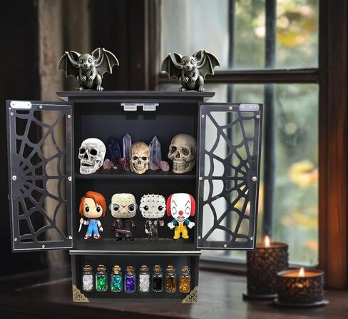 16'' Tall Solid Wood Gothic Cabinet with 2 Transparent Spider Web Doors Display - Small Novelty Halloween Shelf, Goth Floating Shelves Wall Decor Easy Hanging - Pre-Assembled in Kuwait
