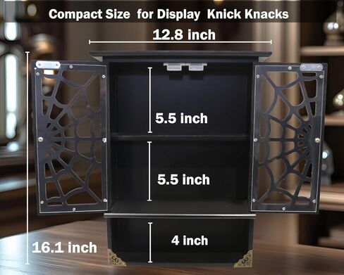 16'' Tall Solid Wood Gothic Cabinet with 2 Transparent Spider Web Doors Display - Small Novelty Halloween Shelf, Goth Floating Shelves Wall Decor Easy Hanging - Pre-Assembled in Kuwait