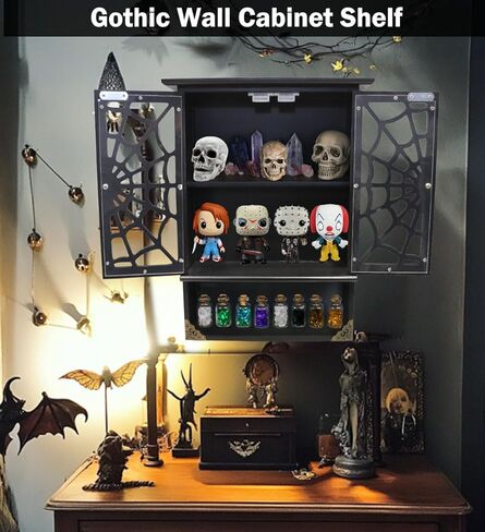 16'' Tall Solid Wood Gothic Cabinet with 2 Transparent Spider Web Doors Display - Small Novelty Halloween Shelf, Goth Floating Shelves Wall Decor Easy Hanging - Pre-Assembled in Kuwait