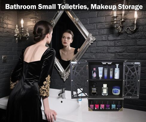 16'' Tall Solid Wood Gothic Cabinet with 2 Transparent Spider Web Doors Display - Small Novelty Halloween Shelf, Goth Floating Shelves Wall Decor Easy Hanging - Pre-Assembled in Kuwait