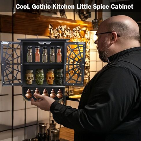 16'' Tall Solid Wood Gothic Cabinet with 2 Transparent Spider Web Doors Display - Small Novelty Halloween Shelf, Goth Floating Shelves Wall Decor Easy Hanging - Pre-Assembled in Kuwait