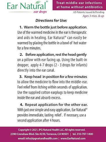 EarNatural® – Treatment for Middle-Ear Infections, Earache, Itching – Relief in Less Than a Minute - in a Single Treatment – 100% Natural Ingredients, Made in USA – US Patents Issued & Pending in Saudi Arabia